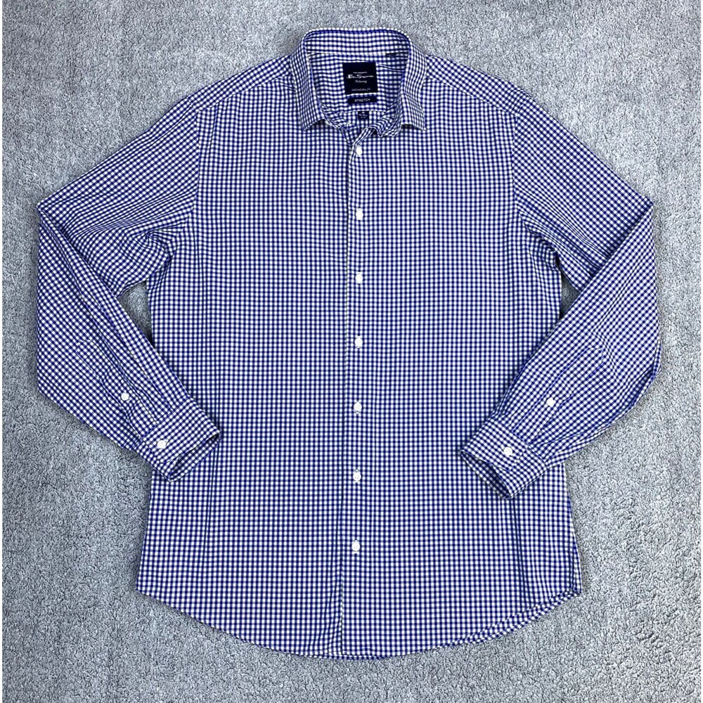 Ben Sherman Men's Button Down Shirt Blue Gingham Check Tailored Slim Fit Size M